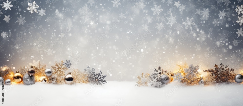 Poster Top view of a snowy background adorned with festive decorations along the side border creating a Christmas background with ample copy space