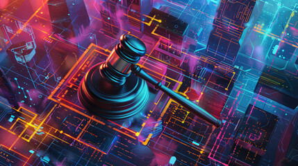 Judges gavel hovers in a high-tech, virtual space, symbolizing the enforcement of cybersecurity laws and regulations within an abstract technological environment