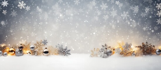 Top view of a snowy background adorned with festive decorations along the side border creating a Christmas background with ample copy space