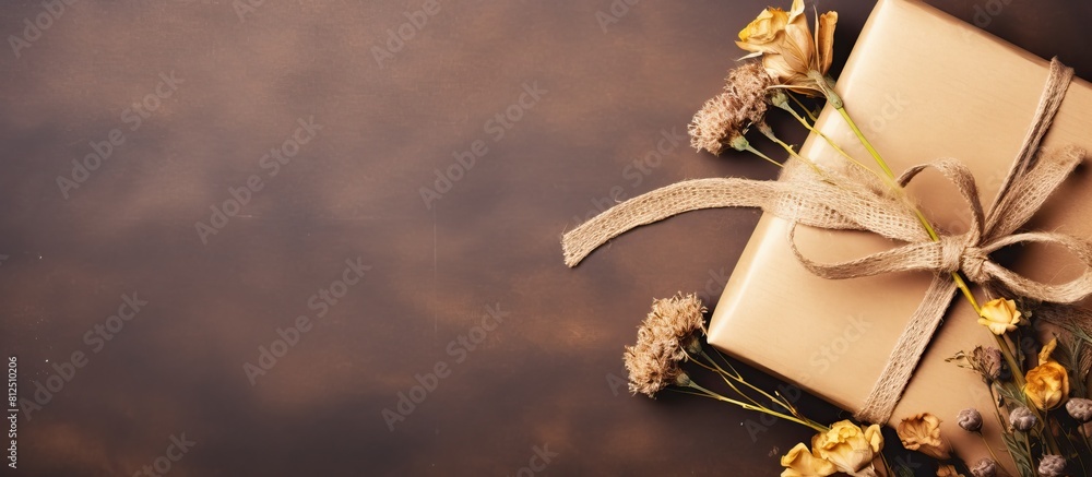 Poster top view of a gift box decorated with dry flowers tied with a ribbon and string resting on a brown k