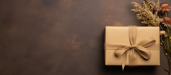 Top view of a gift box decorated with dry flowers tied with a ribbon and string resting on a brown kraft paper background Copy space image