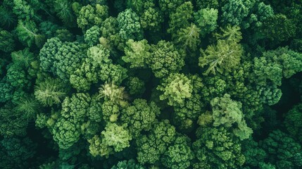 Capture a stunning aerial perspective of lush green trees in a forest with a drone showcasing how the dense canopy helps absorb CO2 This mesmerizing green backdrop symbolizes the essence of