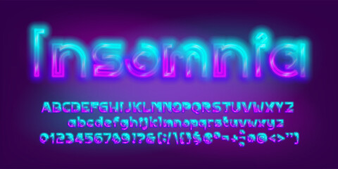 Insomnia alphabet font. Two neon color futuristic letters and numbers. Stock vector typescript for your design.