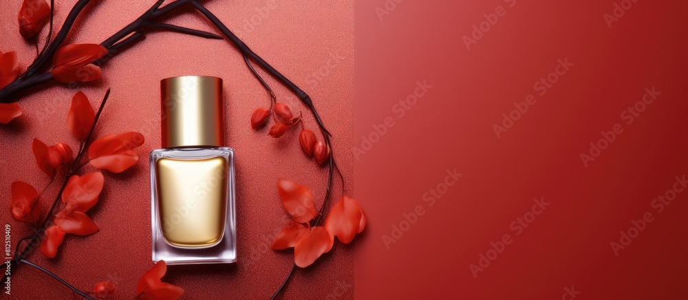 Poster Top view of a golden branch and nail polish on a colorful background providing ample space for text alongside the image
