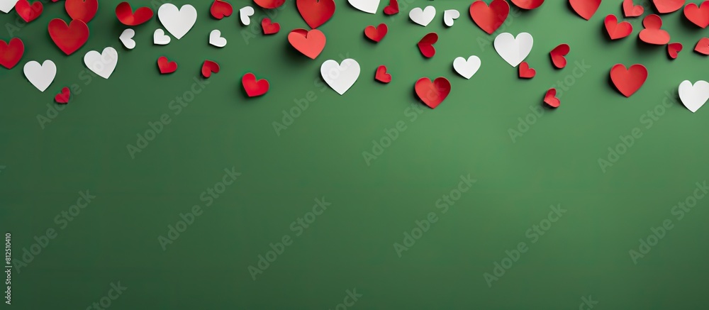 Leinwandbilder Top view of a green background adorned with red and white hearts creating a delightful Valentine s Day scene The image features a flat lay composition with an empty space for text or other elements