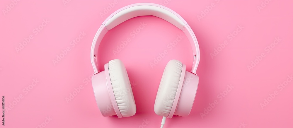 Aufkleber top view of headphones on a pink background creating a flat lay concept with copy space image
