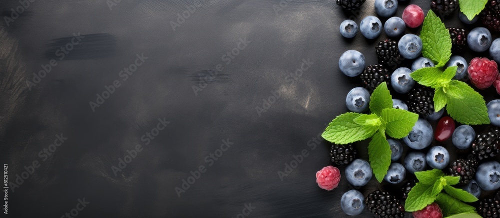 Poster Top view of a stone gray background showcasing a healthy and detoxifying concept with a visually appealing arrangement of berry fresh blueberries and fresh mint leaves on a black slate board Ample sp