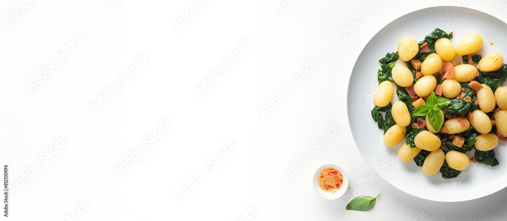 Poster A top view image of a plate featuring cooked Gnocchi potato pasta with spinach and parma ham placed on a white background with empty space for text or other elements. Creative banner. Copyspace image