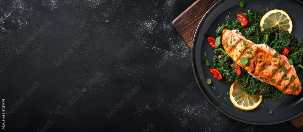 Poster top view of a grilled salmon dish with a side of spinach perfect for showcasing in a copy space imag