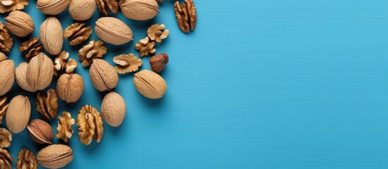 Top view of scattered halves of pulp and whole walnut on a blue background creating a visually pleasing copy space image - Powered by Adobe