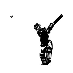 Cricket player, batsman, in action, isolated vector silhouette, front view