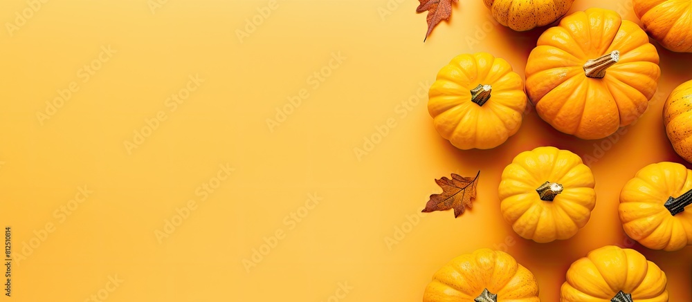 Poster Top view of pumpkins on a yellow background creating a festive autumn atmosphere This flat lay image is perfect for emphasizing the essence of Halloween and Thanksgiving with ample copy space availab
