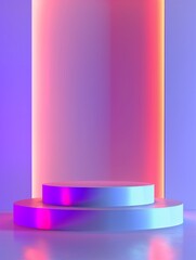 Product stage or podium pedestal with neon glow, Blank display platform, Blank product stand with neon lights on pastel color background, 3D rendering, AI generated