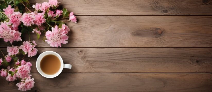 Top view of a floral frame with pink flowers a coffee cup and a wooden background The flat design has ample copy space for customization