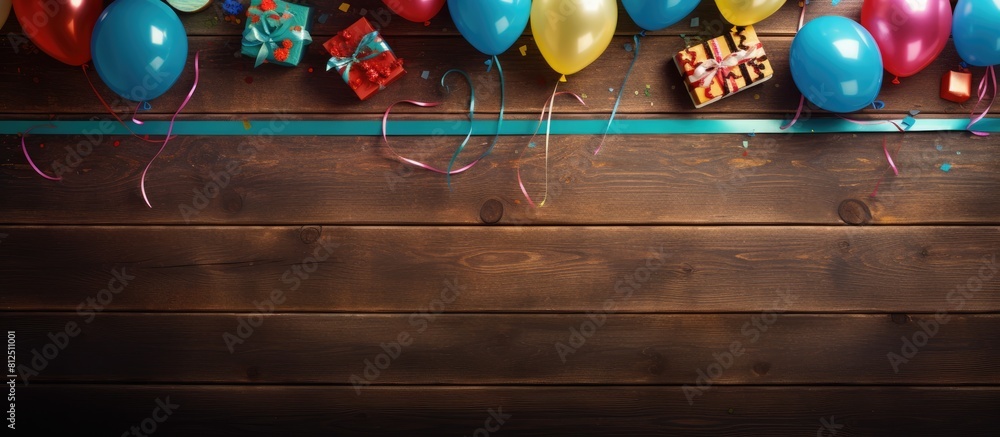 Poster top view of a table set with birthday decorations and a copy space image