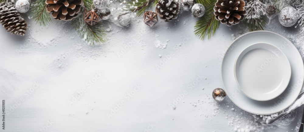 Poster Top view of a Christmas table setting on a light grey table featuring beautiful pine branches and cones The image includes copy space for Christmas dinner or party design concept