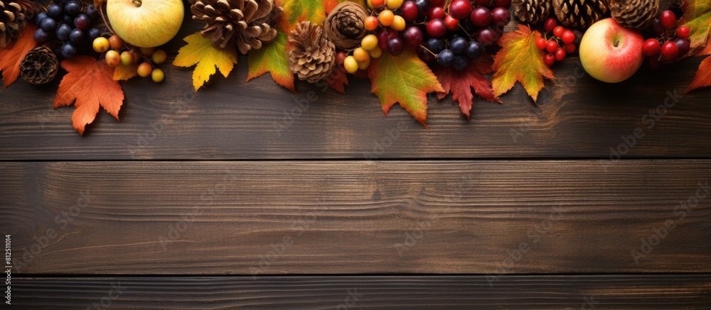 Poster top view of a rustic wooden table adorned with vibrant autumn foliage and colorful forest fruits cre