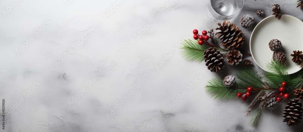 Aufkleber Top view of a Christmas table setting on a light grey table featuring beautiful pine branches and cones The image includes copy space for Christmas dinner or party design concept