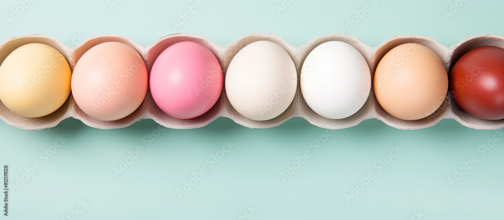 Poster the top view shows colorful boiled eggs on a pastel background with copy space it represents a healt