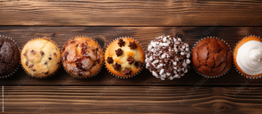 Aufkleber The top view shows delicious homemade sweet chocolate and vanilla muffins displayed on a wooden table background with copy space for additional elements