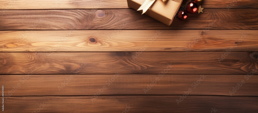 Poster wooden table with a top view showcasing a gift box beautifully decorated and accompanied by ample co