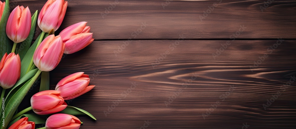 Poster top view of spring tulips on a wooden background creating a visually appealing copy space image