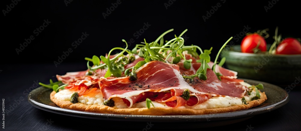 Poster a spanish tostada featuring delicious jamon iberico served on a plate with a copy space image