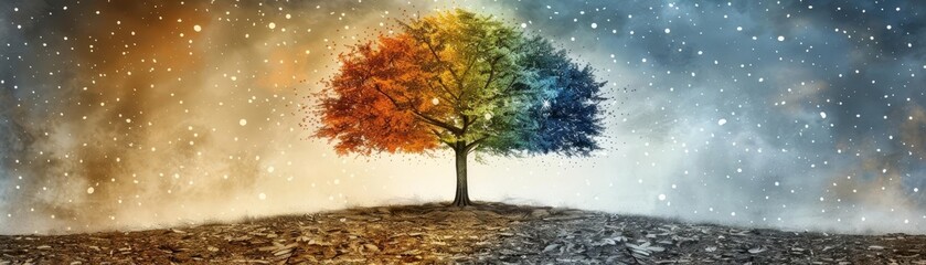 Create a mesmerizing fantasy illustration of a majestic, rainbowcolored tree standing out against the night sky, its vibrant colors illuminating the darkness