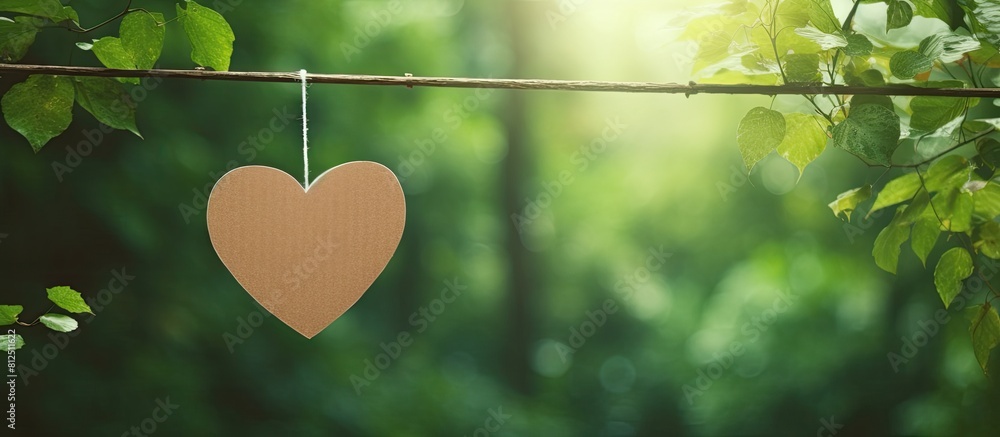 Aufkleber A tranquil paper sheet hangs from a thread adorned with a heart shaped clothespin against a backdrop of lush greenery A copy space image