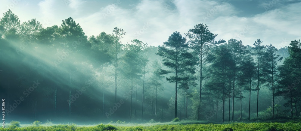 Aufkleber morning forest with trees appearing blurry in the copy space image