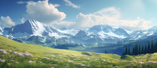 The tranquil beauty of spring hills juxtaposed against the majestic snowy mountains creates a captivating scene evoking a sense of peaceful wonder. Creative banner. Copyspace image