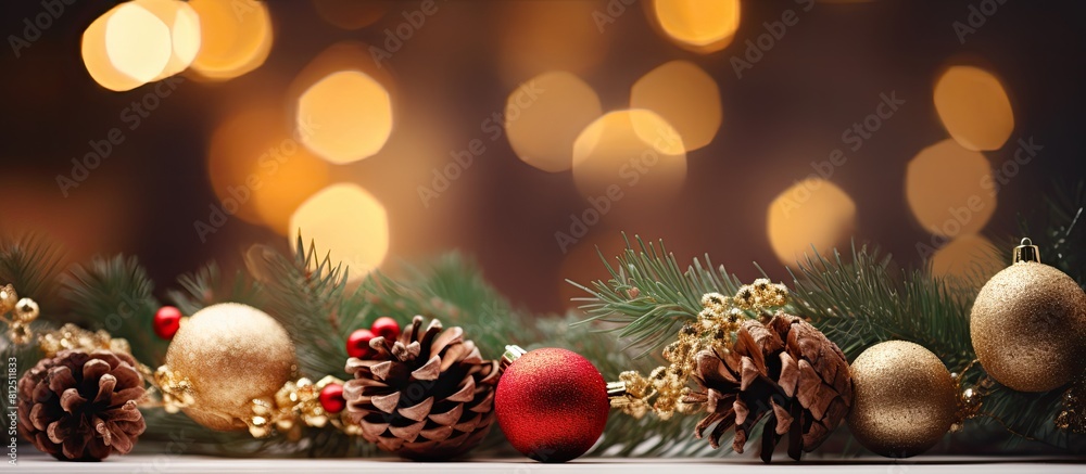Poster Christmas tree twigs cones balls and bokeh create a festive holiday background with an appealing copy space image