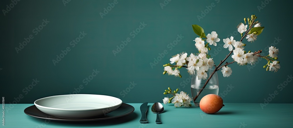 Poster A turquoise table serves as the backdrop for an empty white dish accompanied by a knife and fork A cotton branch adds a touch of elegance Copy space image available for menu or recipe