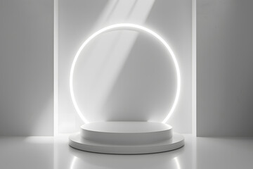 Abstract shine silver cylinder pedestal podium. Sci-fi white empty room concept with semi circle glowing neon lighting. Vector rendering 3d shape, Product display presentation. Generative Ai.