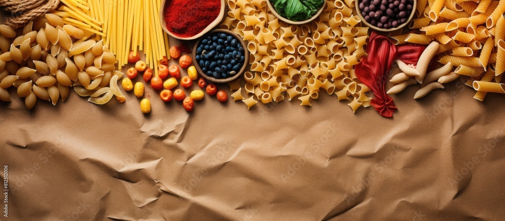 Poster A variety of colorful pasta is scattered on a white background inside a disposable brown kraft paper bag The image is captured from a top down perspective and there is ample empty space for text