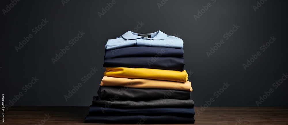 Aufkleber A stack of various shirts is placed on a black table leaving ample space for adding text