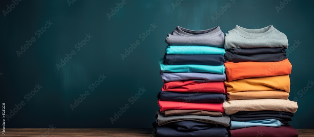 Poster A stack of various shirts is placed on a black table leaving ample space for adding text