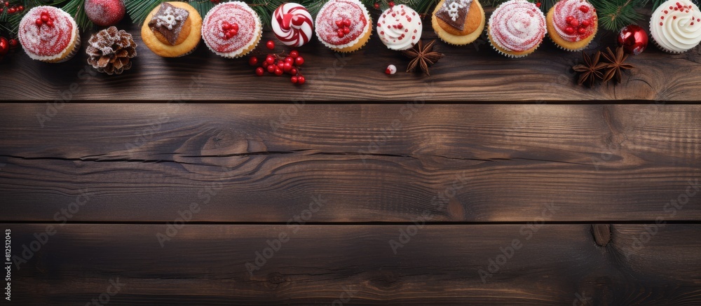Poster wooden table decorated with various beautiful christmas cupcakes accompanied by fir branches ample s