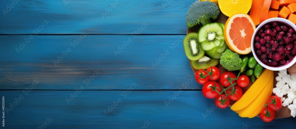 Poster Vegetarian lunch with colorful steamed veggies and fresh fruits on a vibrant blue wooden surface perfect for a healthy meal Copy space image