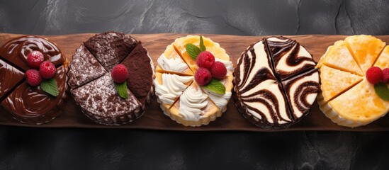 A variety of sweet pastries including homemade marble cake chocolate vanilla red velvet zebra pie can be seen in a high angle view image with copy space