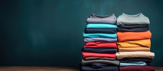 A stack of various shirts is placed on a black table leaving ample space for adding text