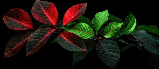 Obraz premium Green leaves with red veins depicting the onset of autumn set against a black patterned backdrop creating a visually captivating copy space image