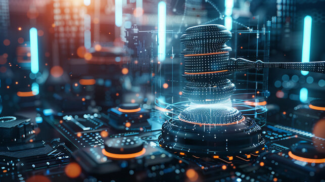 Judges gavel hovers in a high-tech, virtual space, symbolizing the enforcement of cybersecurity laws and regulations within an abstract technological environment