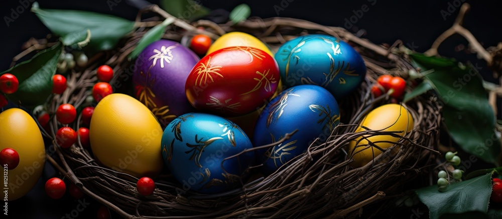 Aufkleber A close up of vibrant Easter eggs arranged in a basket with plenty of copy space for additional elements or text in the image