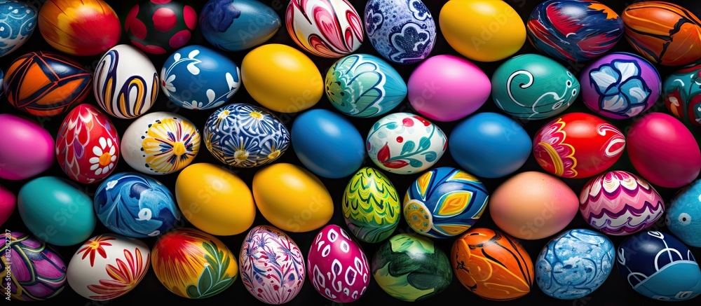 Poster A vibrant and vivid composition of Easter eggs arranged in a flat layout with ample copy space for text