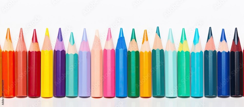 Aufkleber A vibrant array of wax crayons arranged on a white background seen from a captivating perspective with ample space for copying Each crayon is labeled with its respective color name