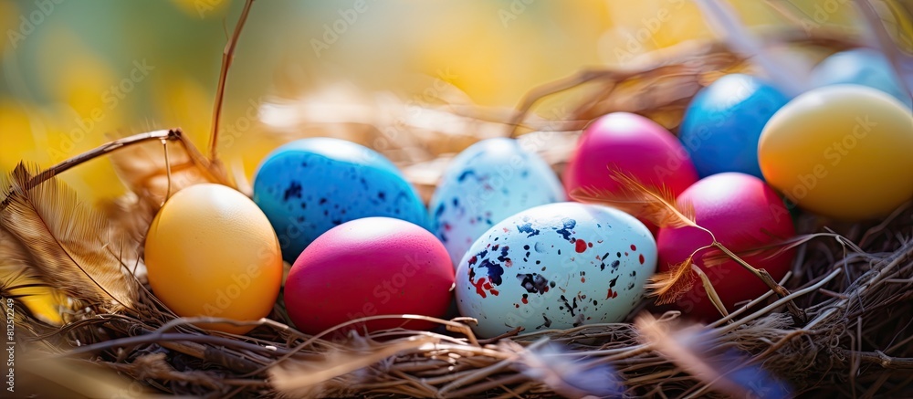Aufkleber a close up of vibrant easter eggs arranged in a basket with plenty of copy space for additional elem