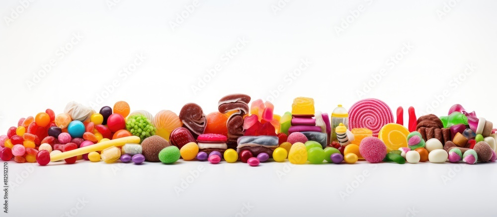 Poster a vibrant assortment of candy arranged against a white background with ample copy space image