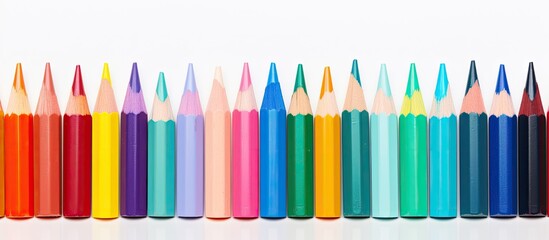 A vibrant array of wax crayons arranged on a white background seen from a captivating perspective with ample space for copying Each crayon is labeled with its respective color name