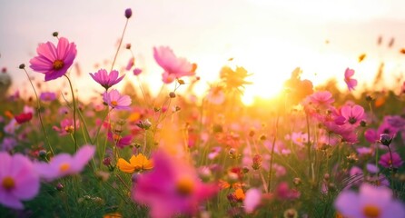 Dawn's Embrace: The Splendor of a Cosmos Flower Field Awakens in the Morning Light